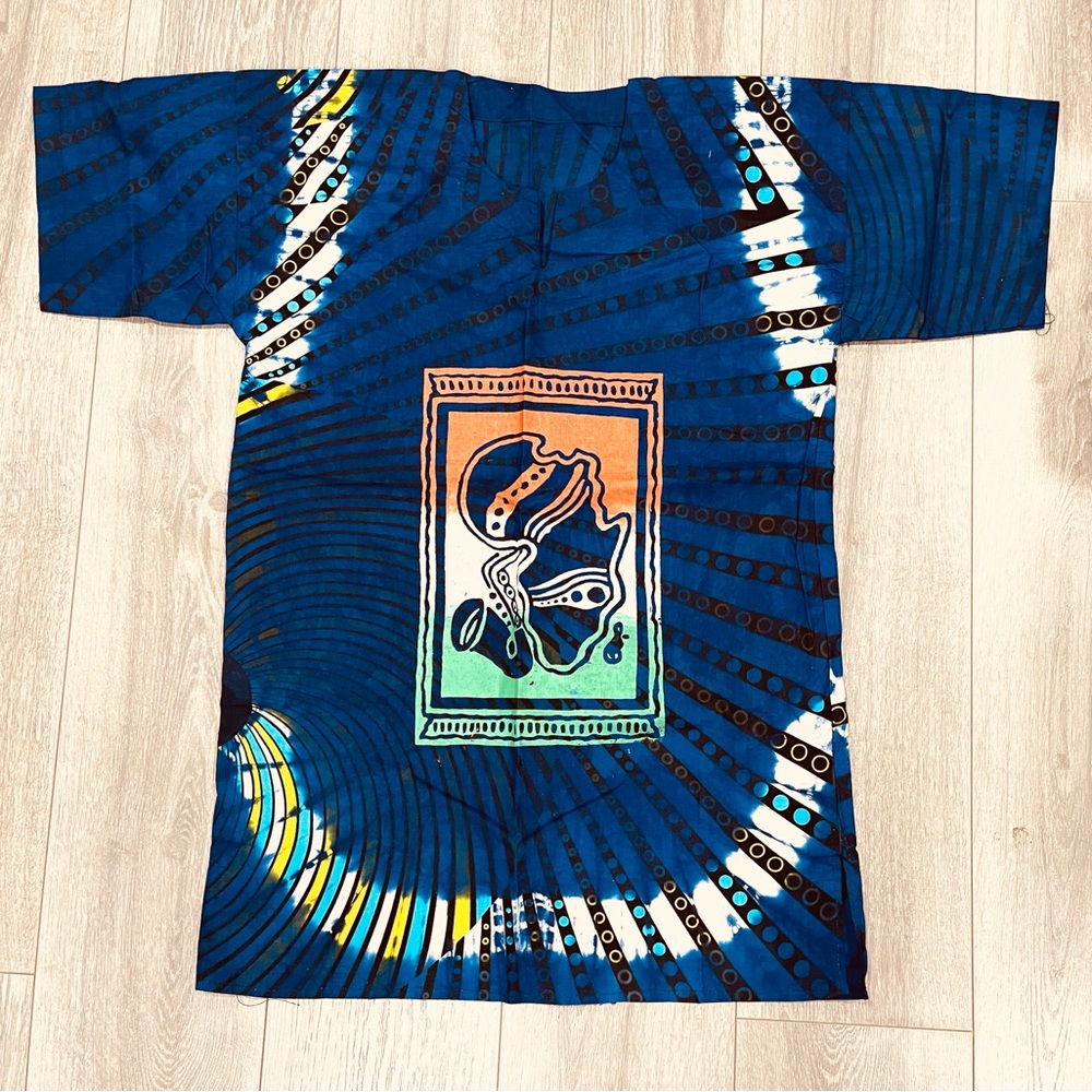 African Kaftan Adire Kampala Top Unisex From Nigeria S/M Map of Africa design.